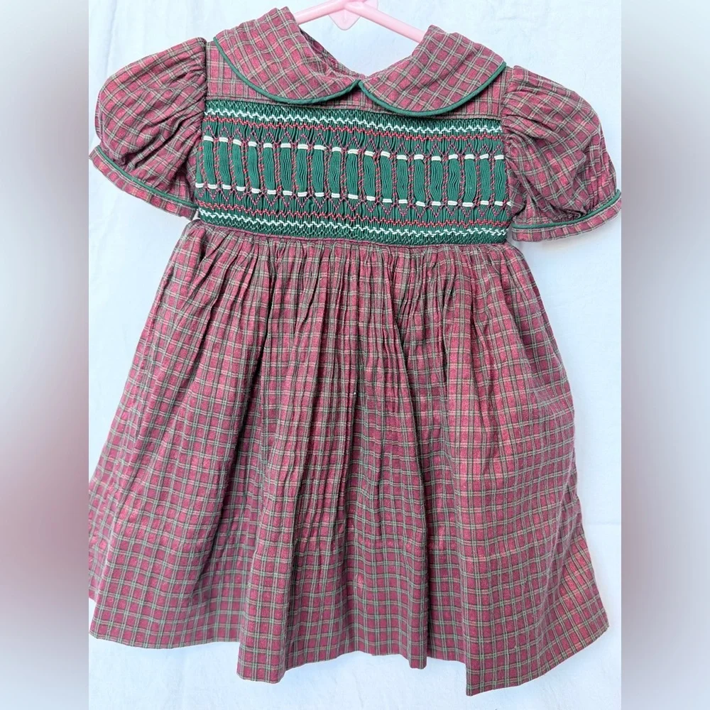 Girls' Pink Plaid Smocked Formal Dress with Green Yoke